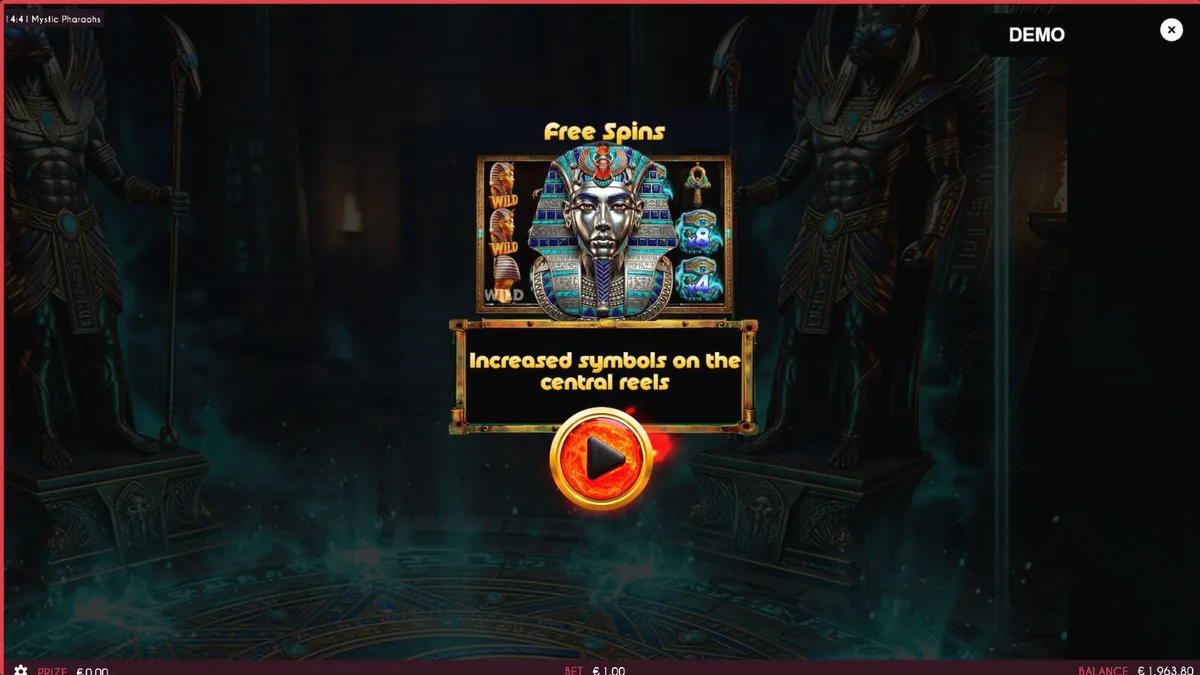 Tampilan layar permainan slot Mystic Pharaohs dengan gulungan 3x5 yang menampilkan simbol Mesir kuno dan firaun.